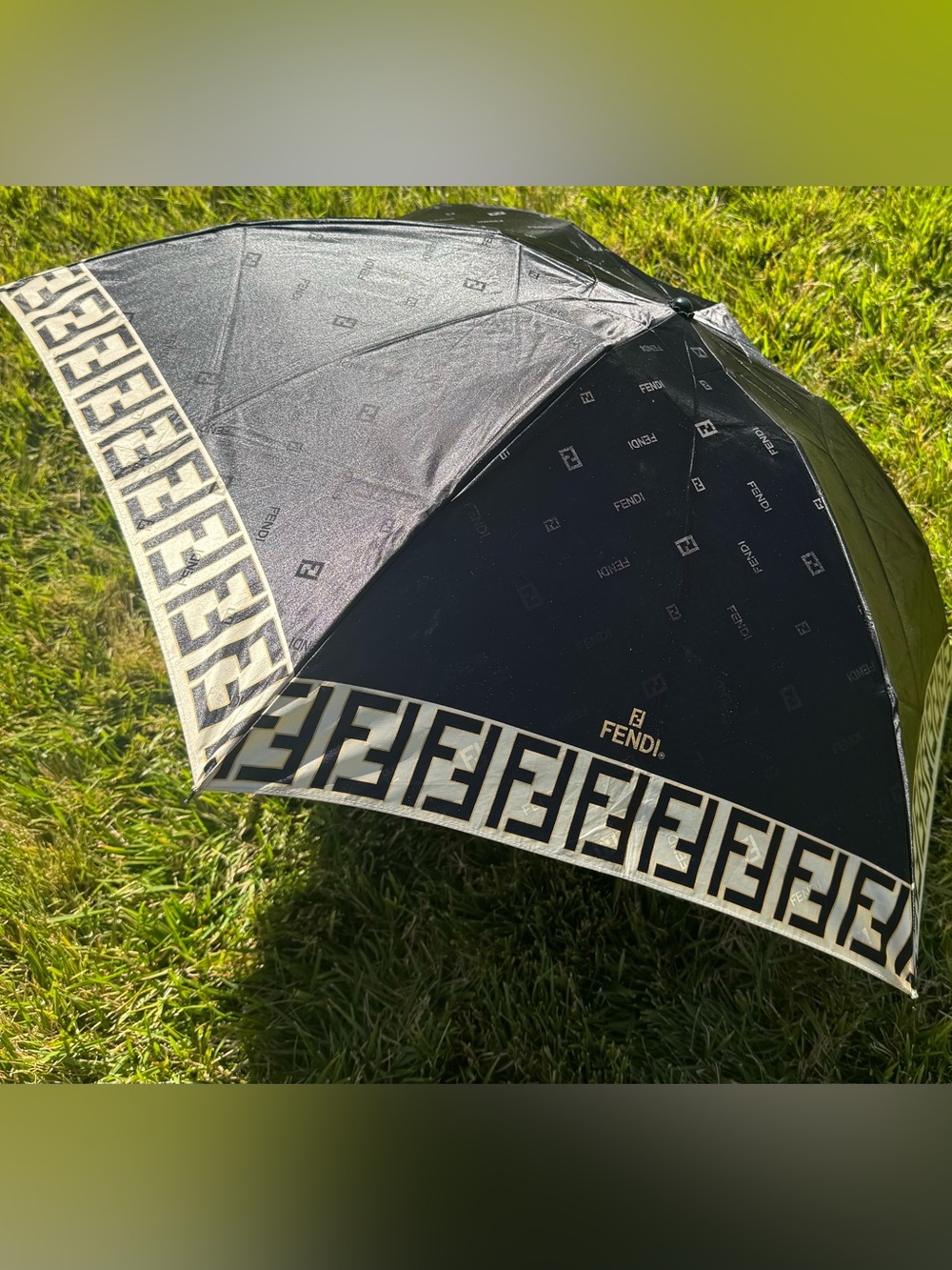FENDI Zucca Logo Folding Umbrella Black Satin Sheen w/ Sleeve